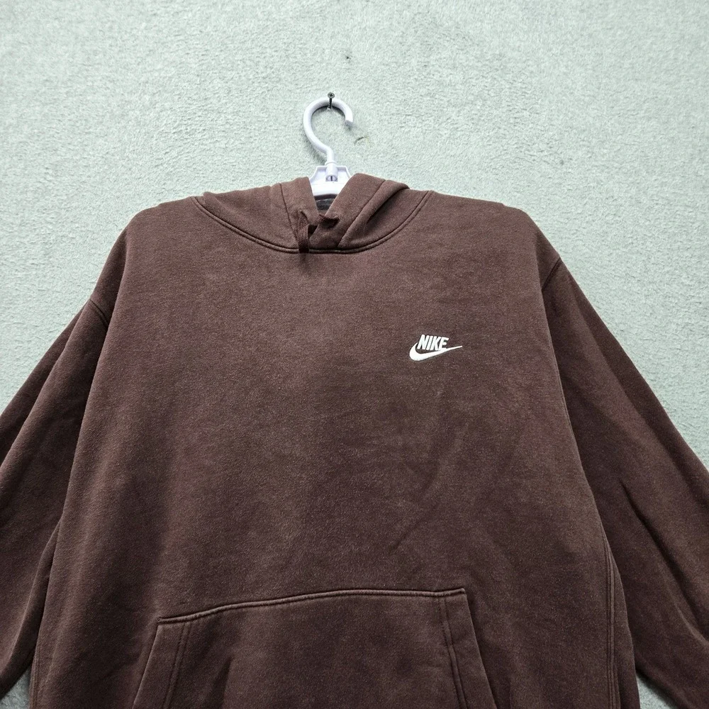 Nike Men Hoodie L Brown Sportswear Club Fleece Swoosh Logo Spellout Embroidered